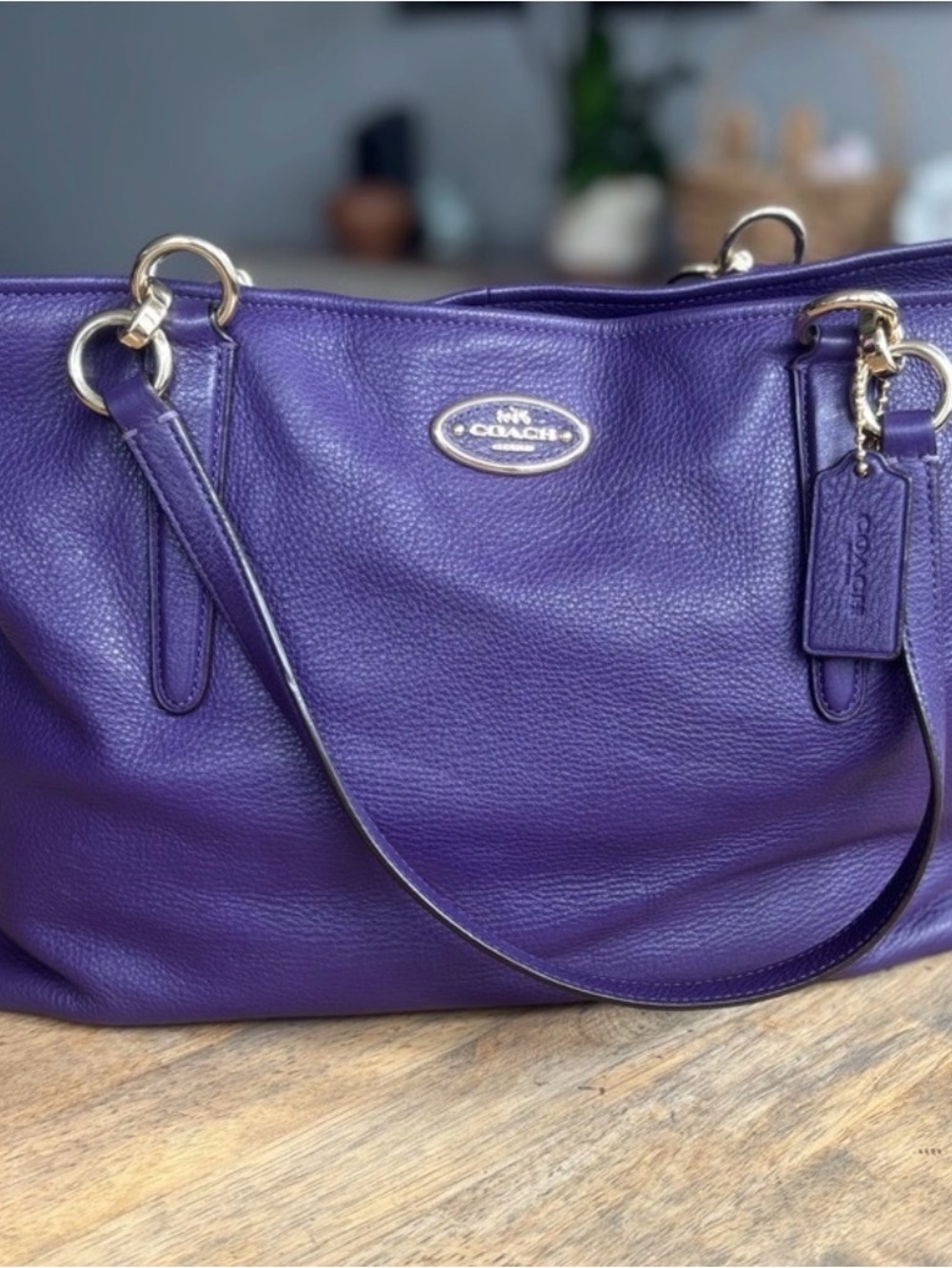 Coach Purple Pebbled Leather Shoulder Tote with Gold Hardware